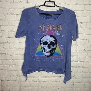 Def Leppard Skull TShirt Womens S Indigo Shark Bite Hem Logo 100% Cotton